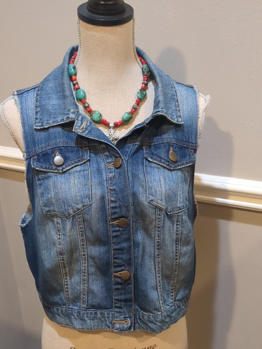 Vintage Boho Blue Denim Sleeveless Vest With Lace Back
